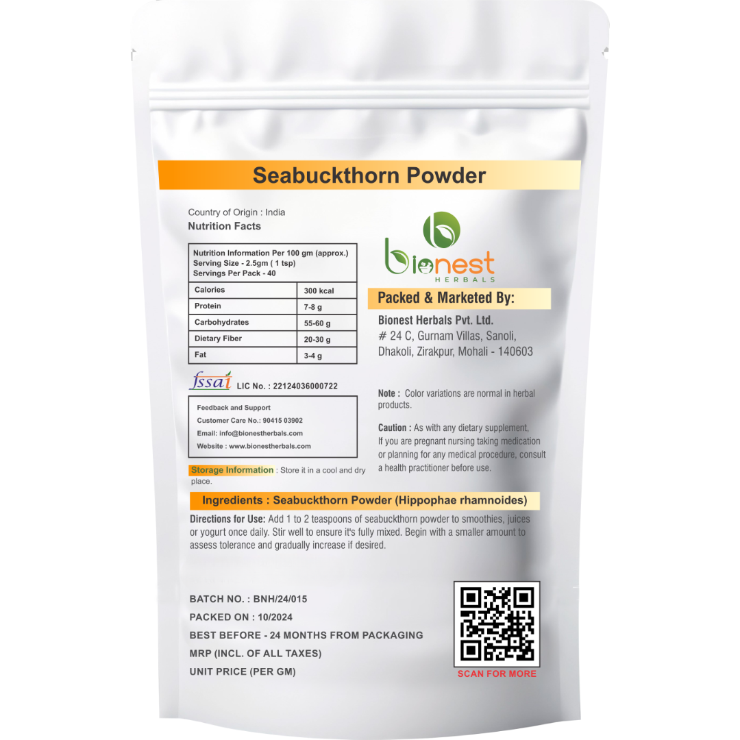 Seabuckthorn berry Powder - Rich in Omega 3,6,7,9, Collagen, Vitamin C, E